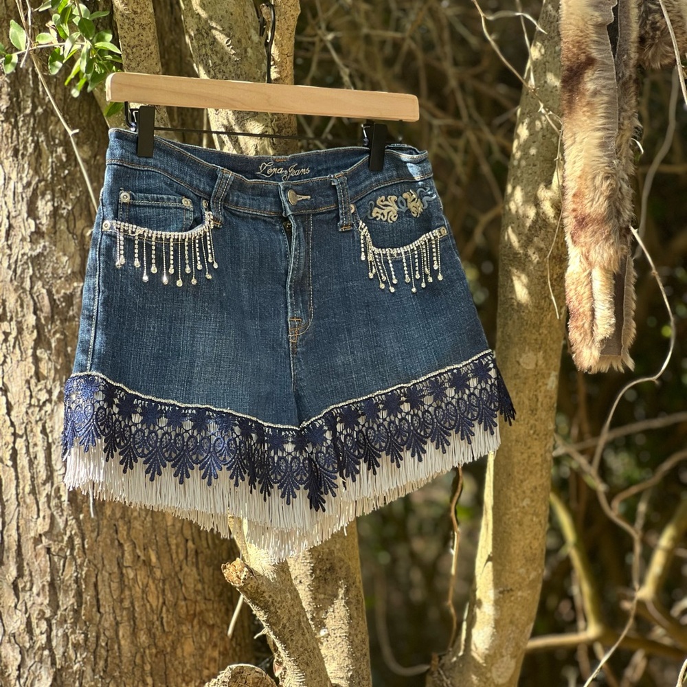 Lena Blue Jean Shorts with White Fringe